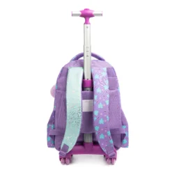 Full back view of a cute animal-themed rolling backpack with an extended silver telescopic handle, glossy purple wheels, and a built-in name tag. Heavy-duty school trolley by a Backpack Supplier.