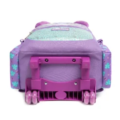 Bottom view of a kids' rolling backpack showing a reinforced sturdy purple base and durable glossy purple wheels. Heavy-duty base by a Custom Backpack Manufacturer.
