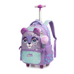 Full front view of a cute purple rolling backpack set, complete with the matching pencil case and an extended telescopic handle. Complete school set by a leading Backpack Supplier.