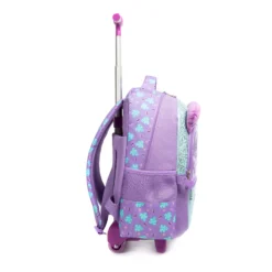 Side view of a cute animal-themed kids' rolling backpack showing a vertical zipper pocket, side mesh pocket, and extended telescopic handle. Practical school rolling bag by a Custom Backpack Manufacturer.