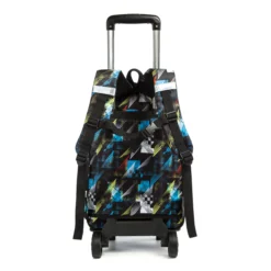 Back view of a black geometric rolling backpack showing the padded straps and handle. Ergonomic school bag by a professional OEM Manufacturer.