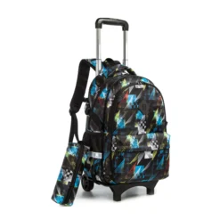 Full school set: Black geometric rolling backpack with matching pencil case. Comprehensive Bulk Backpacks package from a Backpack Supplier.