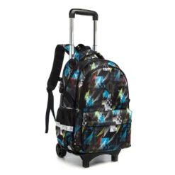 Side view of a black rolling backpack featuring a black mesh pocket and retractable handle. Functional school bag by a Custom Backpack Manufacturer.