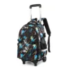 Angled front view of a black geometric rolling backpack with a telescopic handle. Trendy rolling school bag by a leading Backpack Manufacturer.