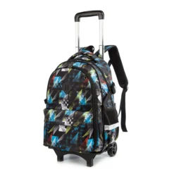 Angled front view of a black geometric rolling backpack with a telescopic handle. Trendy rolling school bag by a leading Backpack Manufacturer.