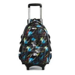 Front view of an upright black geometric rolling backpack with handle extended. Classic school bag design by a Backpack OEM Supplier.