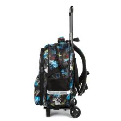 Side view of a black rolling backpack showing sturdy wheels and a reflective safety strip. High-visibility school bag by a Backpack Manufacturer.