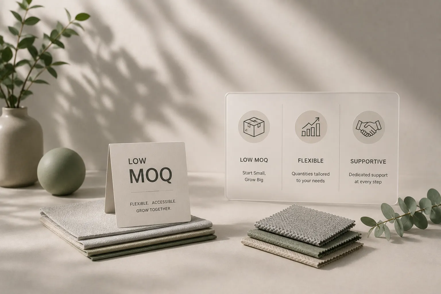 A concept image featuring a "Low MOQ" sign, fabric swatches, and icon cards detailing flexibility and supportive services. Flexible Backpack Manufacturer Supplier for startups.
