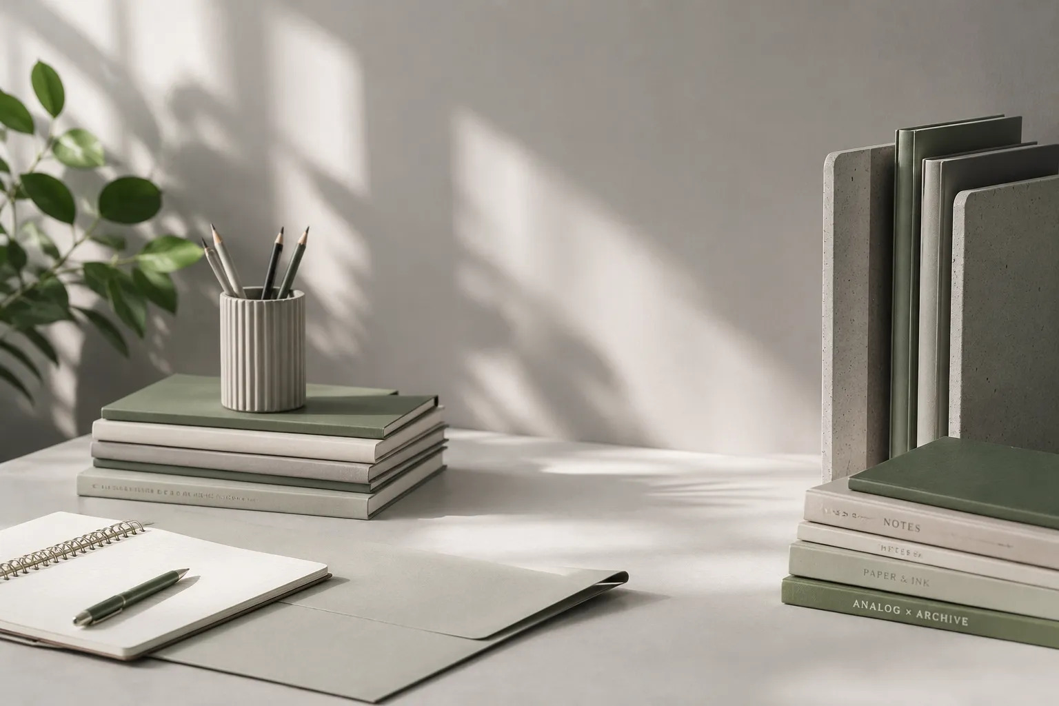 Aesthetic desk setup with notebooks, pens, and a plant in a minimalist workspace. Professional Backpack Manufacturer brand lifestyle imagery.