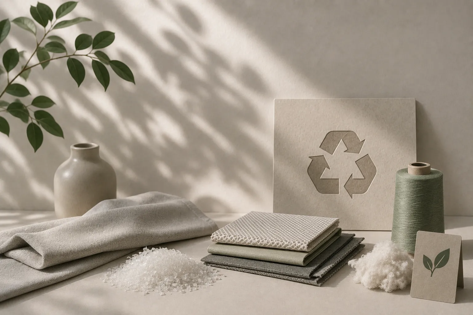 A sustainability concept image with a recycling symbol, fabric swatches, PET pellets, cotton fiber, and an eco-friendly badge. Sustainable Backpack Manufacturer material options.